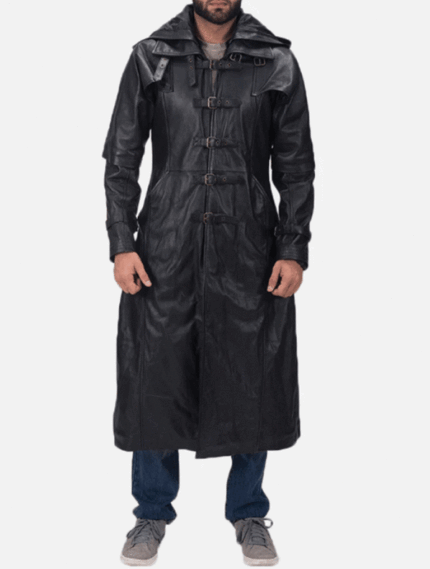 Huntsman Black Hooded Leather Trench Coat